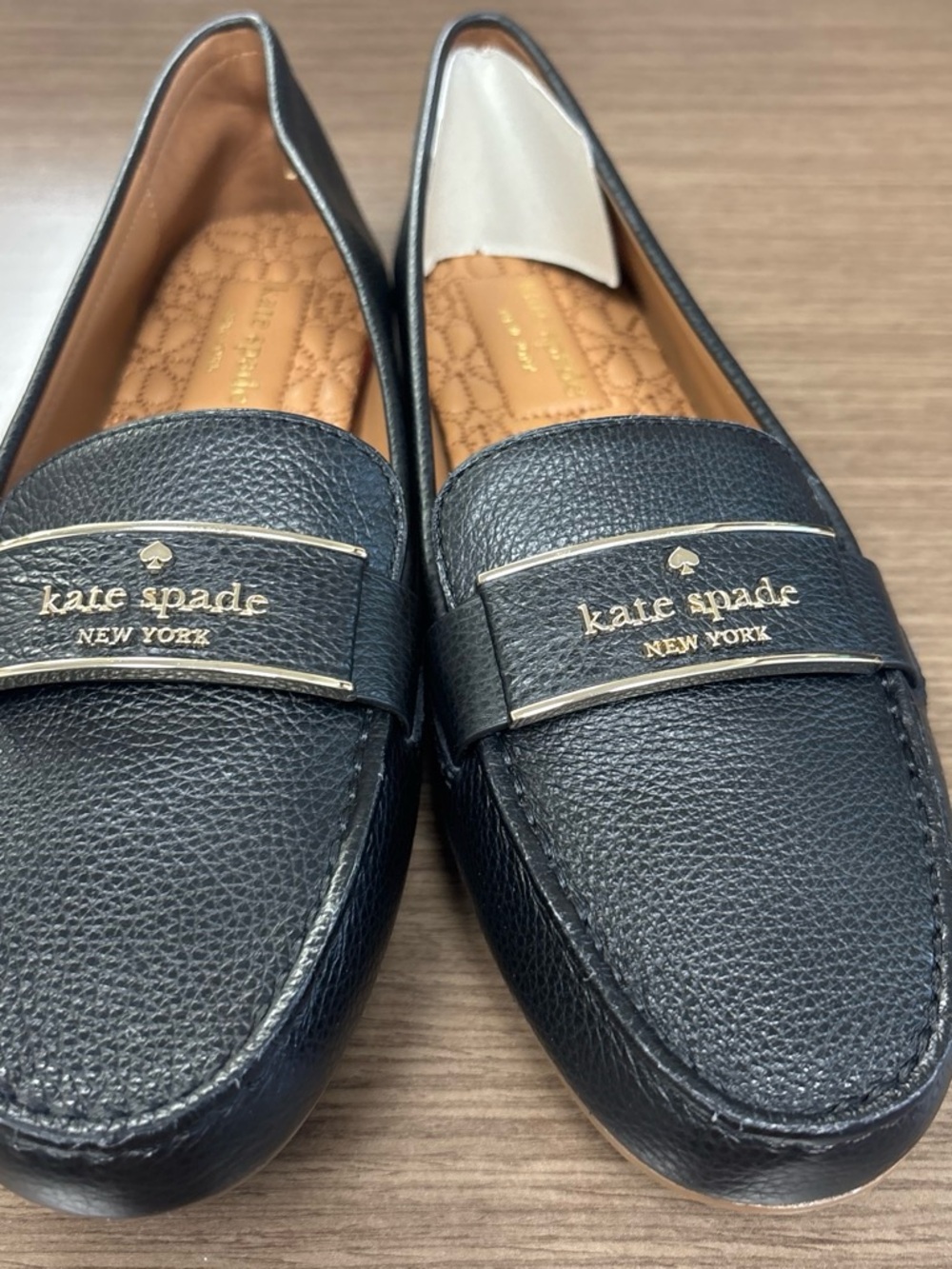 kate spade Black Pebbled Leather Logo Penny Loafers with Gold Accents